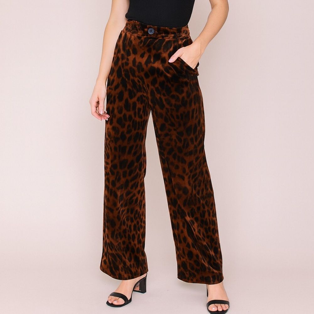 Cabi Party Velvet Pant Leopard Print Wide Leg Trousers Brown Black Size Large